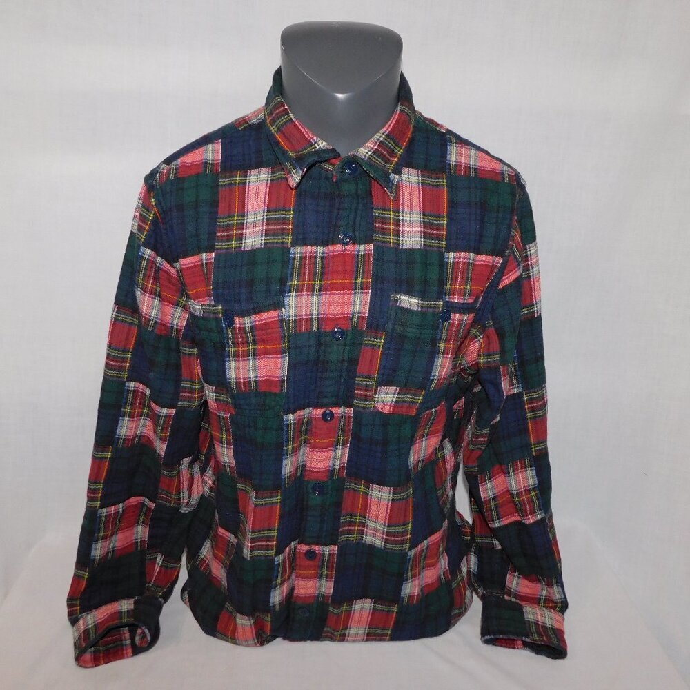 J Crew Mid Weight patchwork Plaid WorkShirt Flannel Shirt Red Green blue Mens L